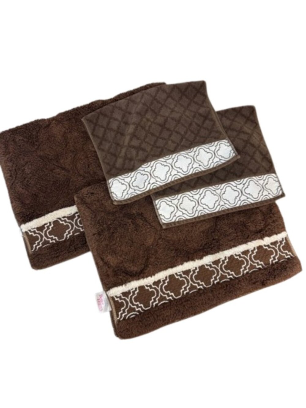Bath Set Hand Towel Bath Mat Cotton 4 Piece Brown White Home Decor Damask Patter